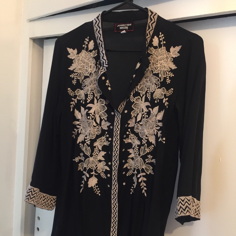 “Johnny Was”, black, embroidered tunic top/dress.